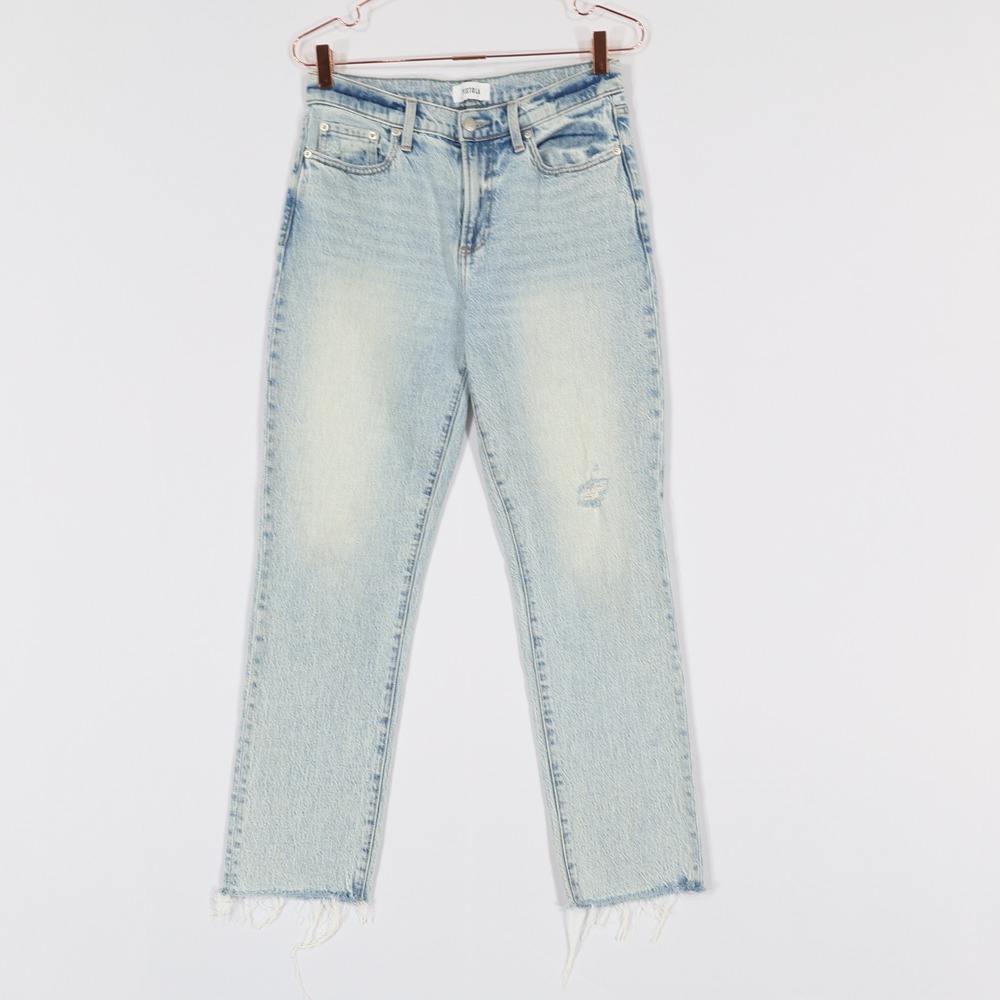 Pistola High Rise Straight Leg Jeans Womens 27 Light Blue Raw Hem Distressed